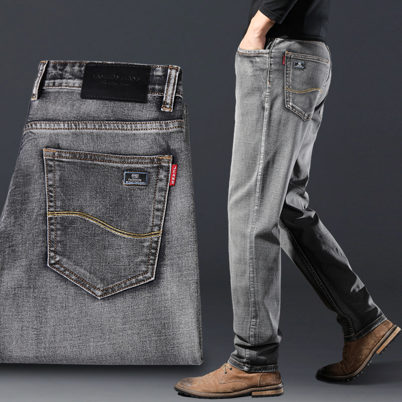 Autumn smoke gray jeans men's loose straight men's pants middle-aged large size senior gray casual spring and autumn trousers