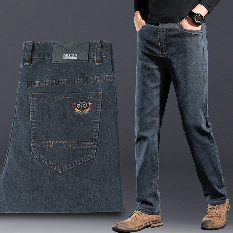 Autumn blue-gray jeans men's straight loose high-end casual stretch 2022 new autumn and winter fleece pants