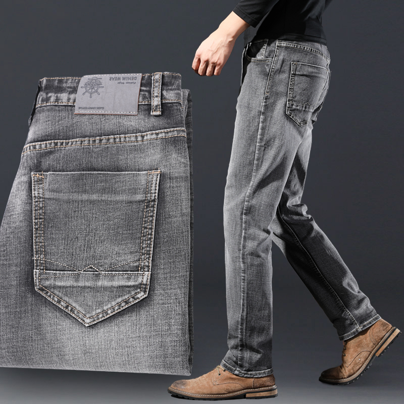 Summer thin style Light Extravagant Jeans Men Loose Straight Drum Spring Autumn Men's Pants Middle-aged Senior Grey Elastic Casual Long Pants