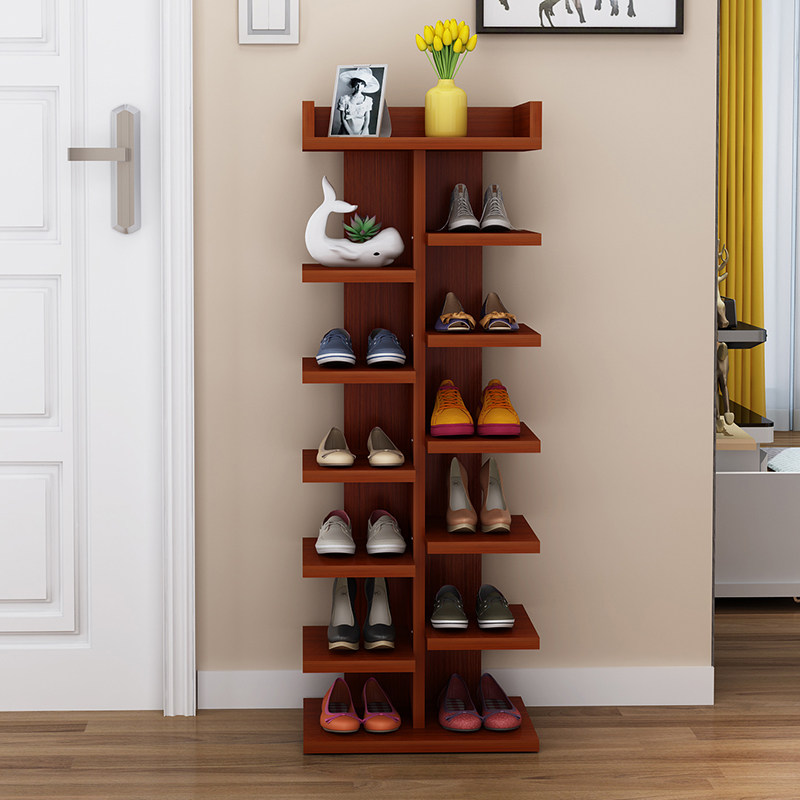 Simple shoe shelf Dormitory wooden split-level space-saving simple door dust-proof storage Household economical small shoe cabinet
