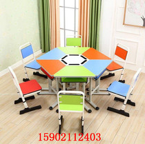 Primary and middle school lifting double trapezoidal class table and chairs training tutoring table hexagonal table multimedia reading desk and chairs