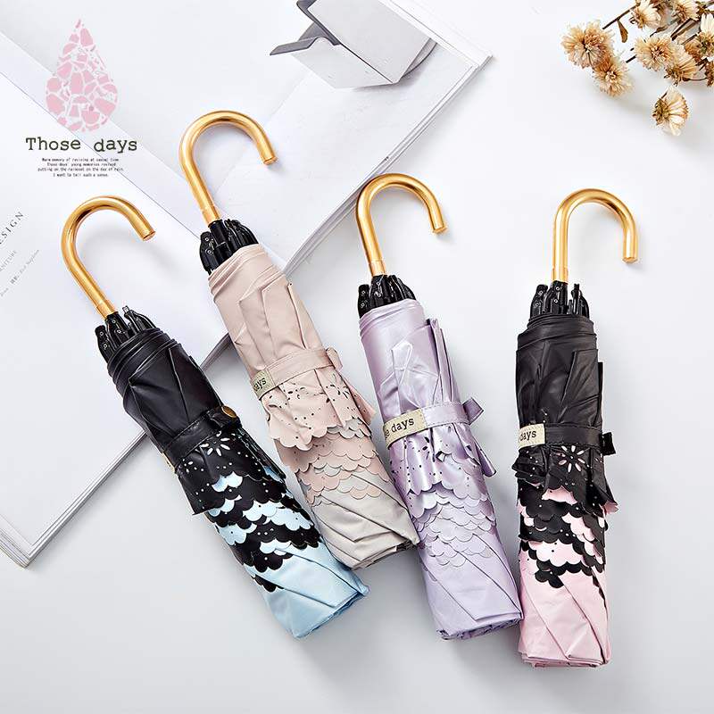 Japan Those days Japanese solid color curved handle lady three-fold sunny umbrella black glue full shading sunscreen anti-UV