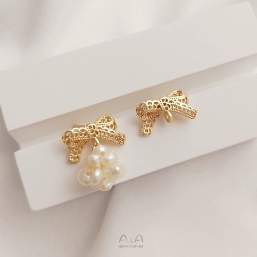 Серьги с бантиком, серебряная игла ручной работы, иголка, аксессуар, 14 карат, золотой цвет, цветочный принт, кружевное платье, серебро 925 пробы