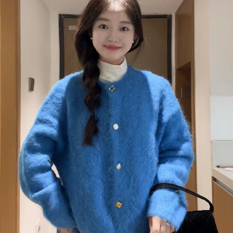 Klein Blue Knitted Cardigan for Women 2026 New Spring and Autumn High-End Soft Plush Thick Sweater Coat Trendy