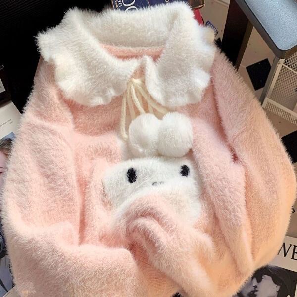 Japanese-Style Sweet and Cute Doll Collar Sweater for Girls, Autumn and Winter Lazy Cartoon Pullover Faux Mink Knitwear