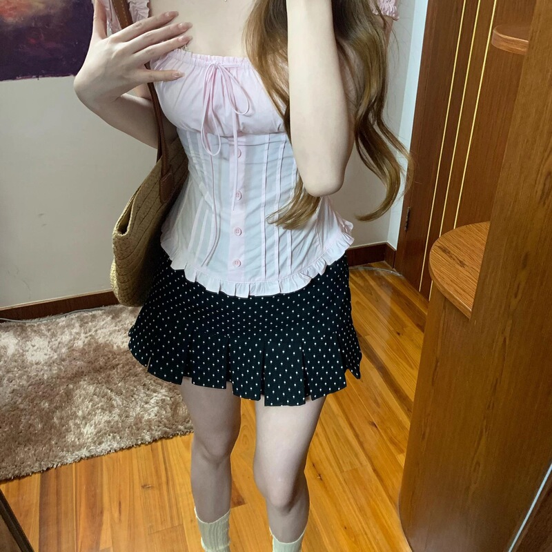 Korean Style Pure Desire Outfit Pink Puff Sleeve Bow Lace-Up Shirt Summer Waist-Cinching Slimming Top for Women