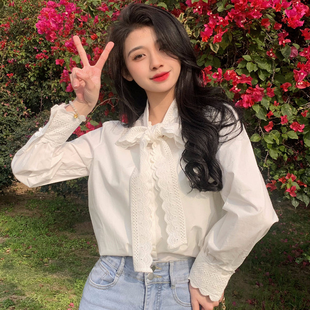 New white French bow chic shirt high-end versatile design niche long-sleeved shirt tops ins