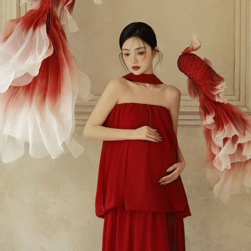 2025 New Style Studio Maternity Wear Red Dress with a High-End Feel for Pregnant Moms, Photo Shoot Outfit