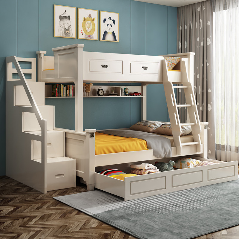 American high and low bed Children solid wood small apartment upper and lower wooden bed bunk bed white mother bed combination bed adult