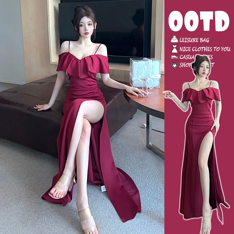French Style One-Shoulder Suspender Dress for Women, Slit Mid-Length Skirt, Classy Accessible Luxury Evening Dress, 2023 New Style