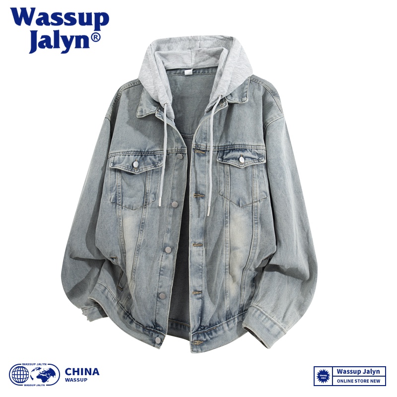Wassup Jalyn Fake Two-Piece Hooded Denim Jacket for Men, Autumn and Winter, Youth Vintage Washed Retro Jacket Wassup Jalyn Fake Two-Piece Hooded Denim Jacket for Men, Autumn and Winter, Youth Vintage Washed Retro Jacket