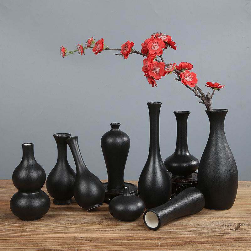 Black Ceramic Vase Net Bottle Small Vase Retro Swing Piece drying Coarse Pottery Living Room Hydroponic Home Decoration-Taobao