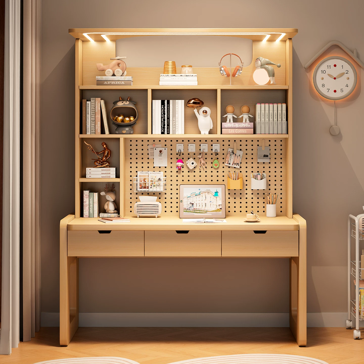 Solid wood bedside bedroom home office desk computer table student desk bookshelf integrated children's writing study table