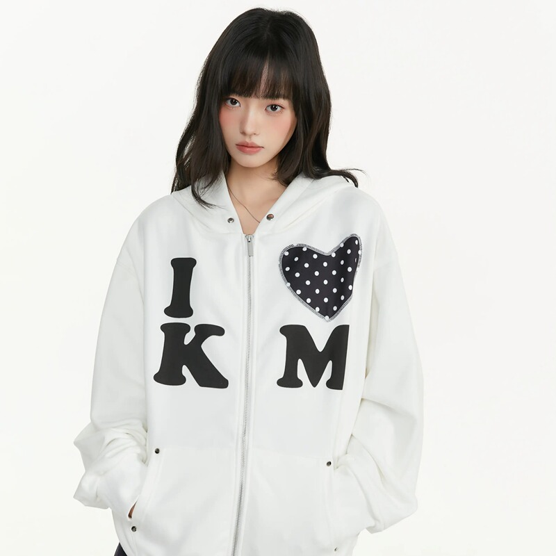 Tws Lee Jong-Seok's Same Style Kimirence Niche Design Heart Polka Dot Letter Hooded Sweatshirt Zipper Jacket for Autumn