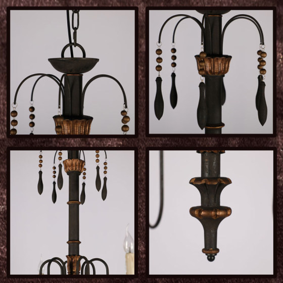 American Country-Style Vintage Distressed Black Solid Wood Pendant Light, Candle Lamp for Bar, Tavern, Restaurant, Bedroom, with Gold Accents