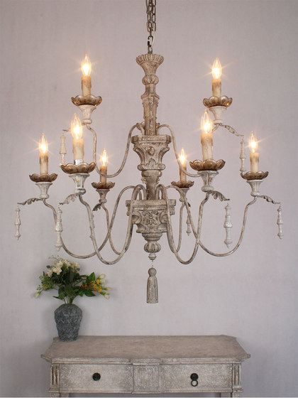 American-Style Pastoral Double-Layer Distressed Solid Wood Carved Living Room Villa Main Lamp, Vintage Country Candle, Suitable for Guesthouses, Shops, and Commercial Use