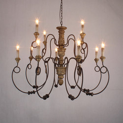 American-Style Retro Country Wood Chandelier for Living Room and Dining Room, Vintage Gold Pastoral Distressed Carving Villa Model Home Lighting Fixtures