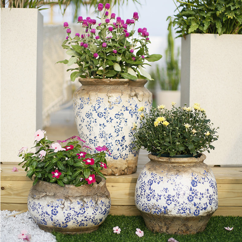 Antique blue and white porcelain Chinese style flowerpot gardening living room outdoor courtyard office green plant large-caliber potted decoration