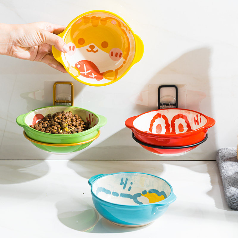 Hanging cat bowl drinking water cat drinking water dog food basin heightened neck guard high foot pet food basin ceramic bowl pet supplies