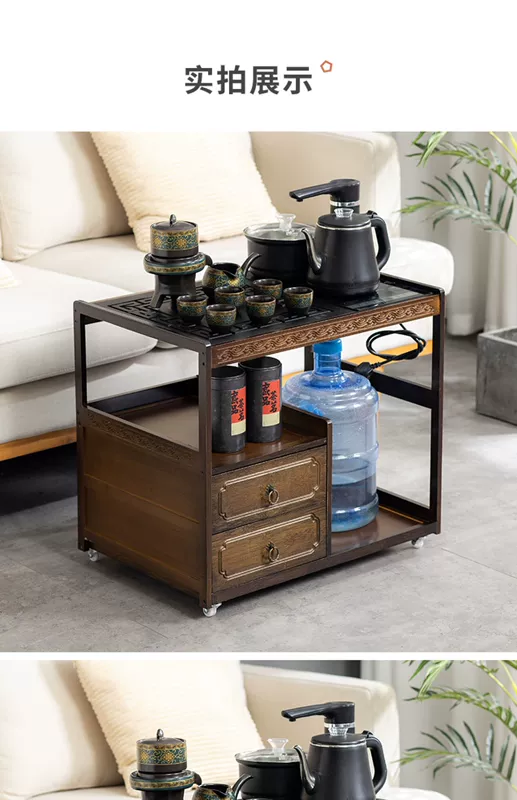 Bàn trà di động, xe đẩy trà gỗ nguyên khối gia đình, bàn cà phê phòng khách, tủ bên sofa, khay pha trà, ấm đun nước tích hợp bàn pha trà bằng điện