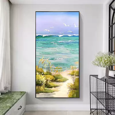 Pure hand-painted oil painting seaside Reed landscape painting living room entrance door decorative painting modern simple vertical hanging painting