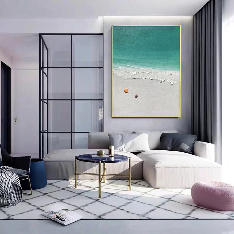 Pure hand painted oil painting Modern minimalist Abstract seaside scenery Xuan Guan Myo vertical version Living room Corridor Aisle Decoration Painting