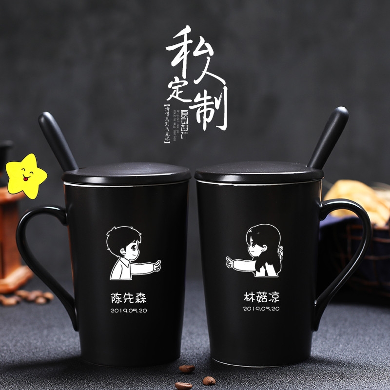 Creative couple cups a couple of men and women Ceramic Water Cup Custom with lid spoon personality Lettering Mark Cup Coffee Cup
