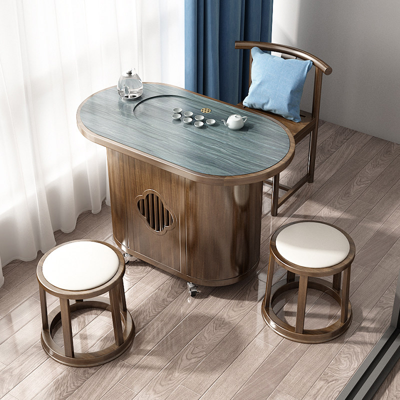 Mobile tea table household tea cart rock board small tea table small Chinese kung fu tea table solid wood balcony tea table and chair combination
