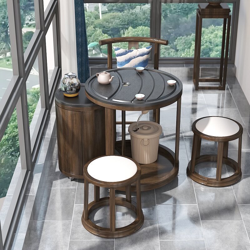 Mobile tea table Household small tea cart Solid wood balcony tea table and chair combination Small apartment Mini small Kung fu small tea table