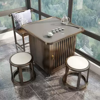 Mobile tea table home small tea table small solid wood wheeled tea car balcony small tea table new Chinese tea table and chair combination