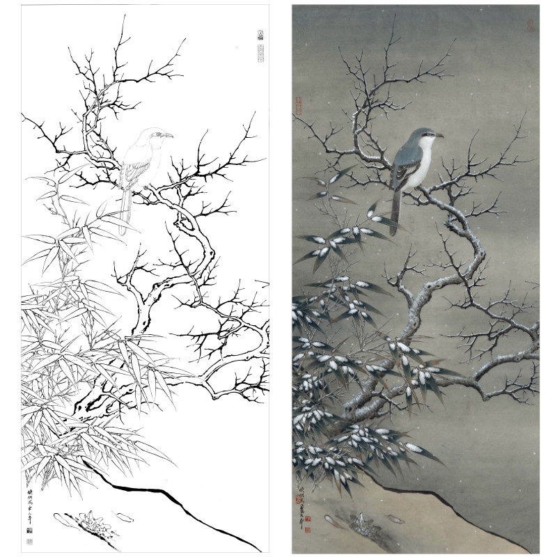 (step by step) Li Xiaoming's work stroke white sketch manuscript Snow tree chill bird figure original work size 53 x 117 cm flower bird line draft with A3 step diagram and color note drawing manuscript KC24