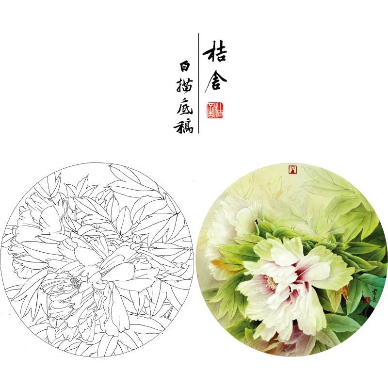 (Steps) Gong Xueqing Painting White Description Peony Round Small Piece Original Size 40*40 cm Flower Bird Line with A3 Step Graphics and Color Description Copy Draft XQ91