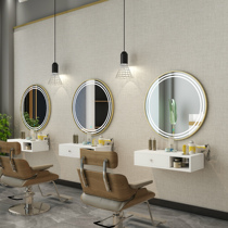 Net celebrity simple barber shop mirror round beauty salon mirror LED mirror with light hair salon special single-sided wall hanging