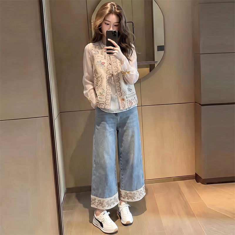 A Complete Set of Ootd Outfits for Women 2026 Spring and Autumn New Style New Chinese Style Vest Shirt Denim Wide-Leg Pants A Complete Set of Ootd Outfits for Women 2026 Spring and Autumn New Style New Chinese Style Vest Shirt Denim Wide-Leg Pants