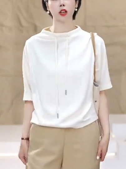 半高领白色短袖t恤女夏季2025新款时尚卫衣洋气宽松遮肚显瘦上衣