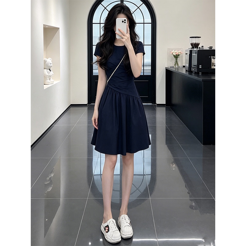 Blue Elegant Forest-Style High-Waisted Round-Neck Dress 2026 Summer New Elegant Casual Long Dress for Women