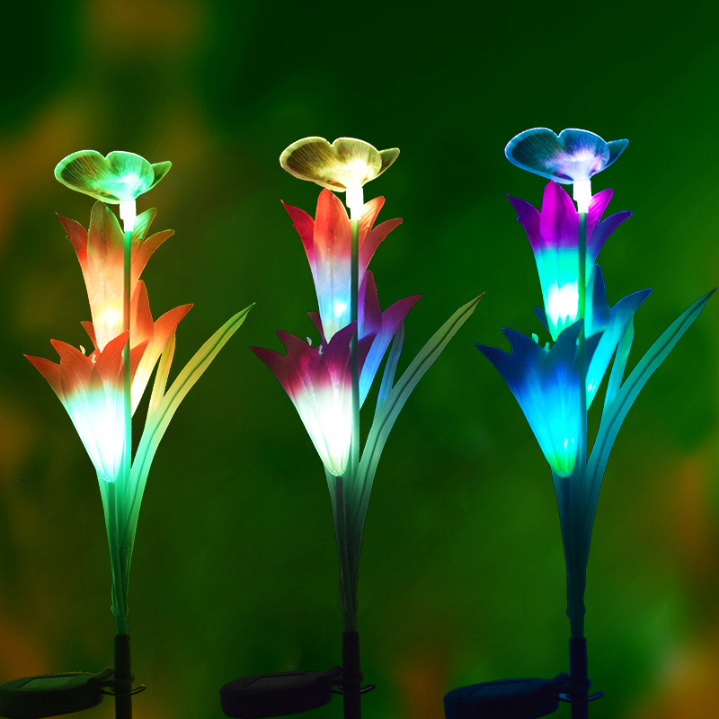 Huichu solar 3-head lily flower lamp with butterfly led lily butterfly lamp garden decoration landscape lamp
