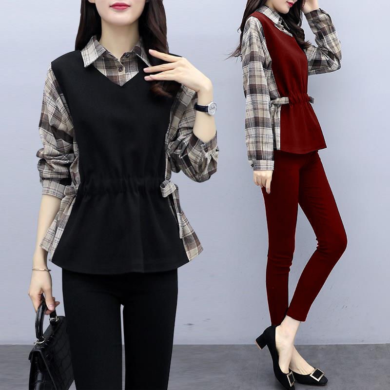 Single Piece Suit Foreign Pie Reduced Age Large Size Women's Dress 2021 Spring Autumn New Plaid splice Chater slim fit two sets