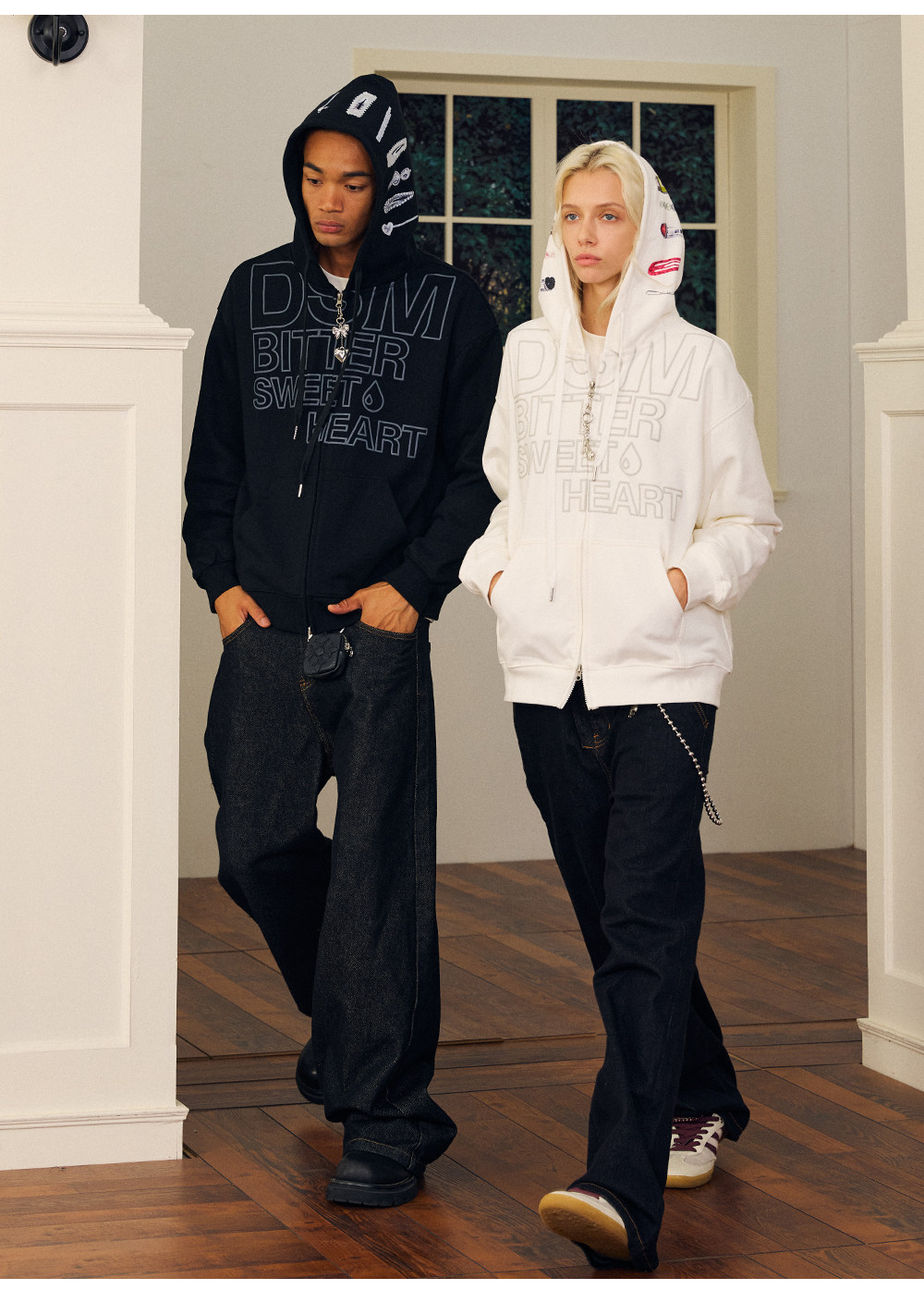 DONSMOKE Hooded Zip-Up Drop-Shoulder Sweatshirt