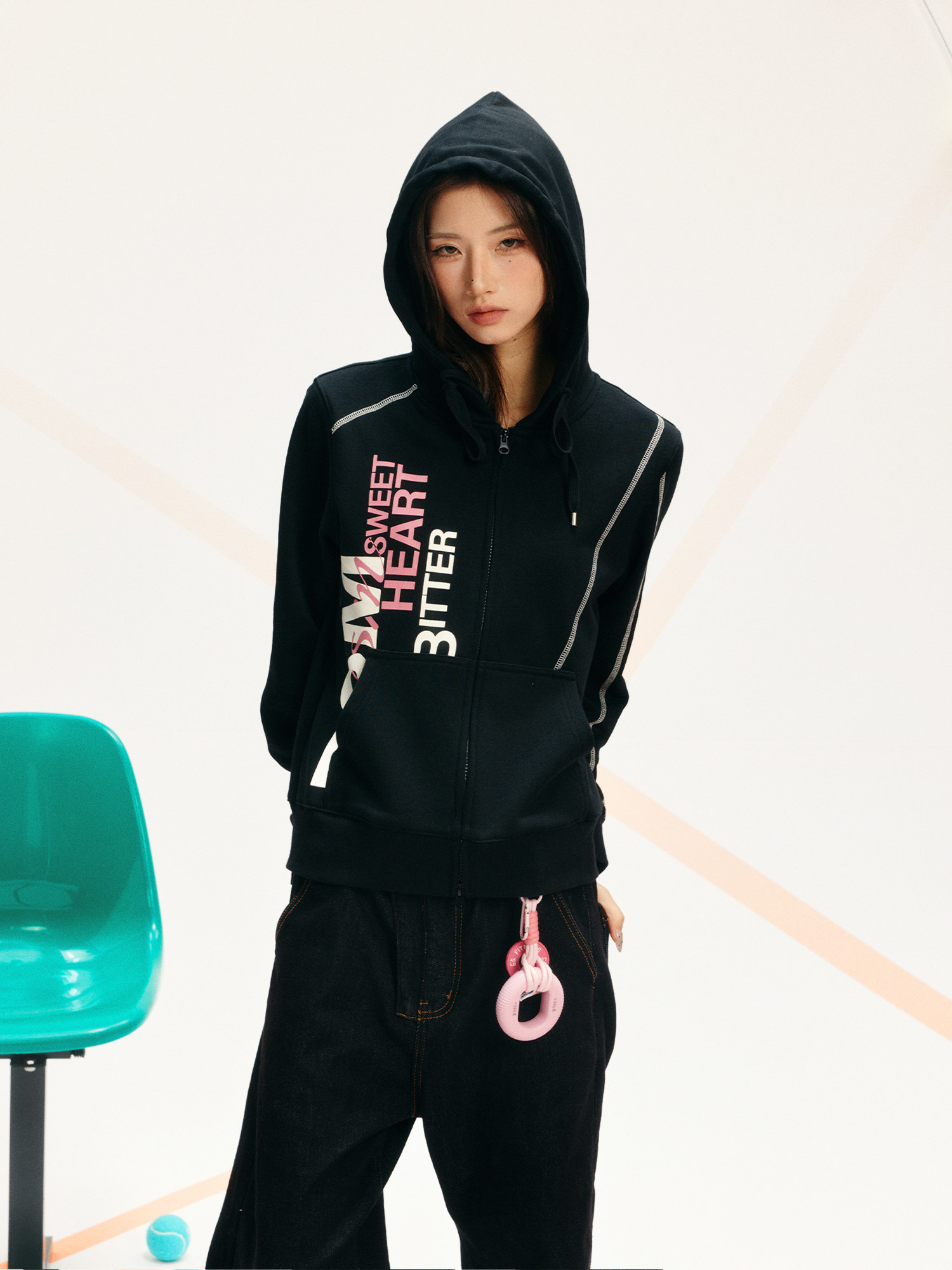 DONSMOKE Contrast Stitch Slogan Zip-Up Hoodie