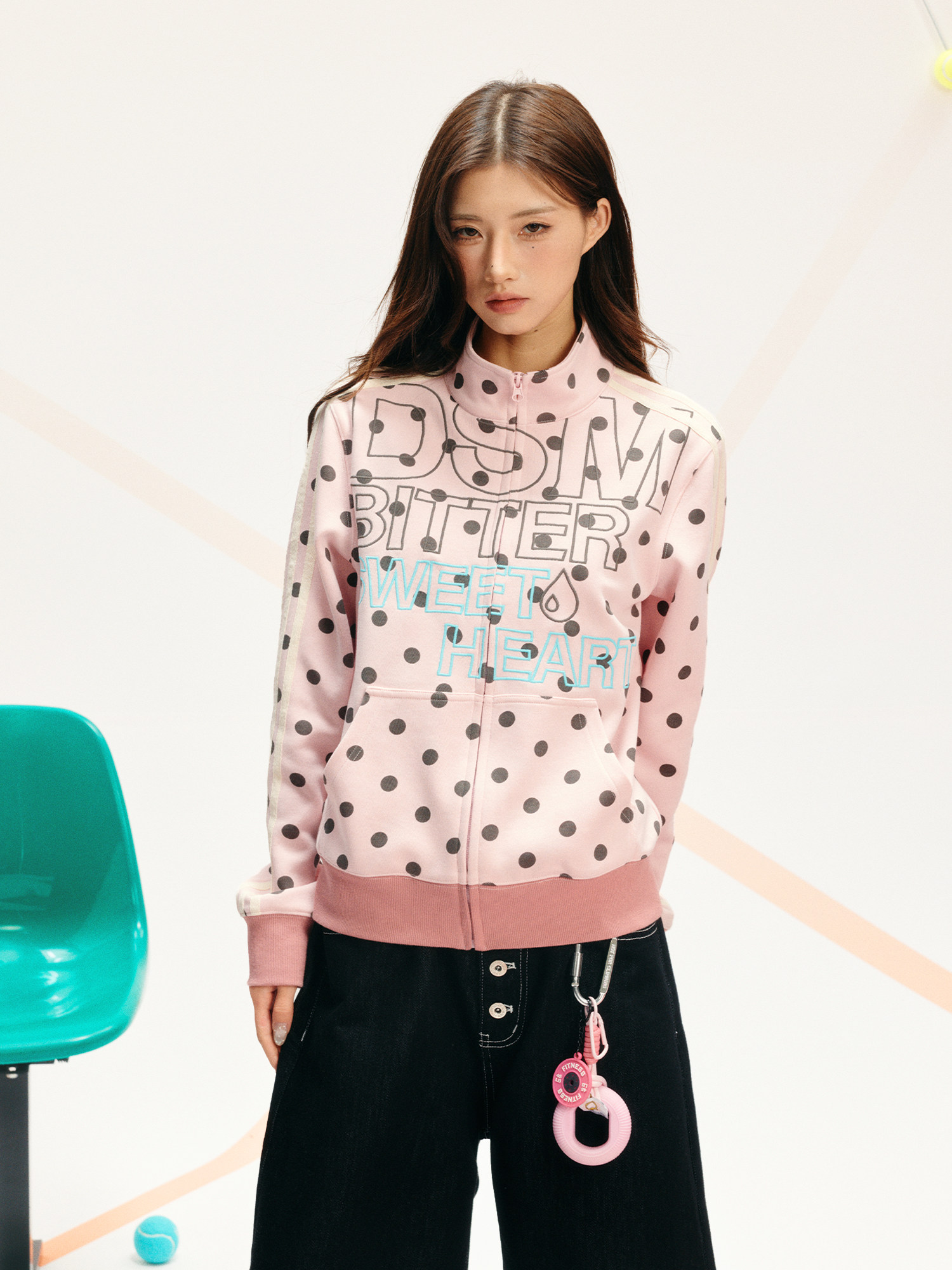 DONSMOKE Polka Dot Zipper Stand Collar Sweatshirt
