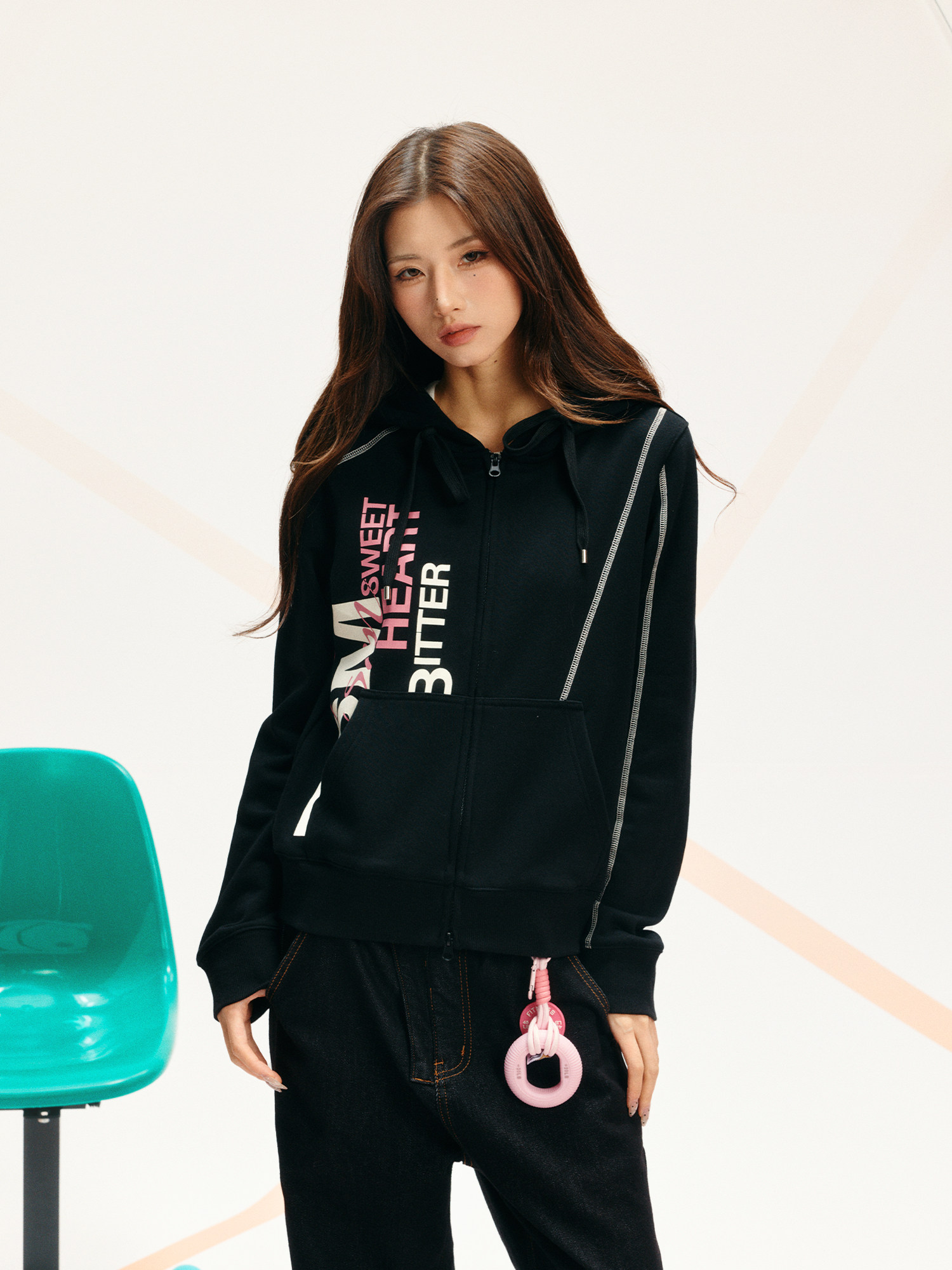 DONSMOKE Contrast Stitch Slogan Zip-Up Hoodie