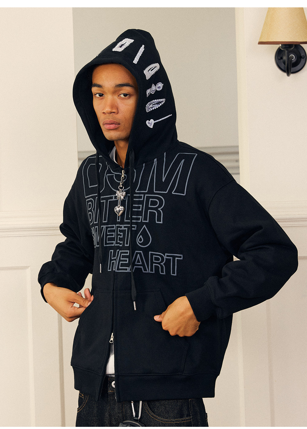 DONSMOKE Hooded Zip-Up Drop-Shoulder Sweatshirt