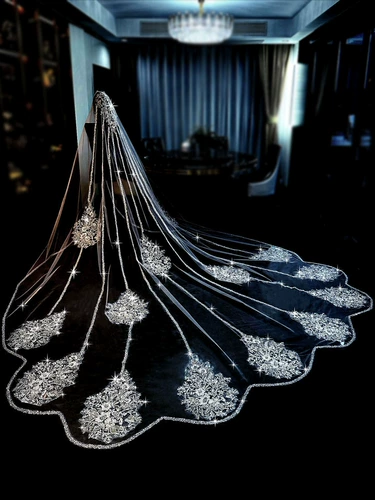 Основное свадебное платье невесты, вуаль Hara Heavy Industry, фата с вышивкой из бисера и пайеток, супер сказочная свадебная фата с длинным хвостом