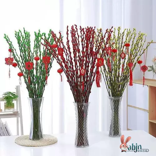 Искусственные цветы серебристой ивы, сухие цветы, свежие ветки, гидропоника на столешнице в гостиной, новогоднее украшение, ведро с благословением, зимний букет цветов