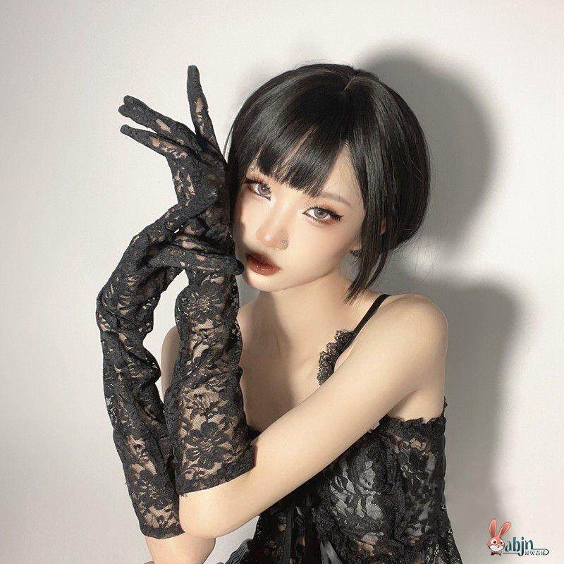 Lace mesh gloves, thin, retro style, elegant and sexy, perfect for performances, fashionable, sun-protective, black.
