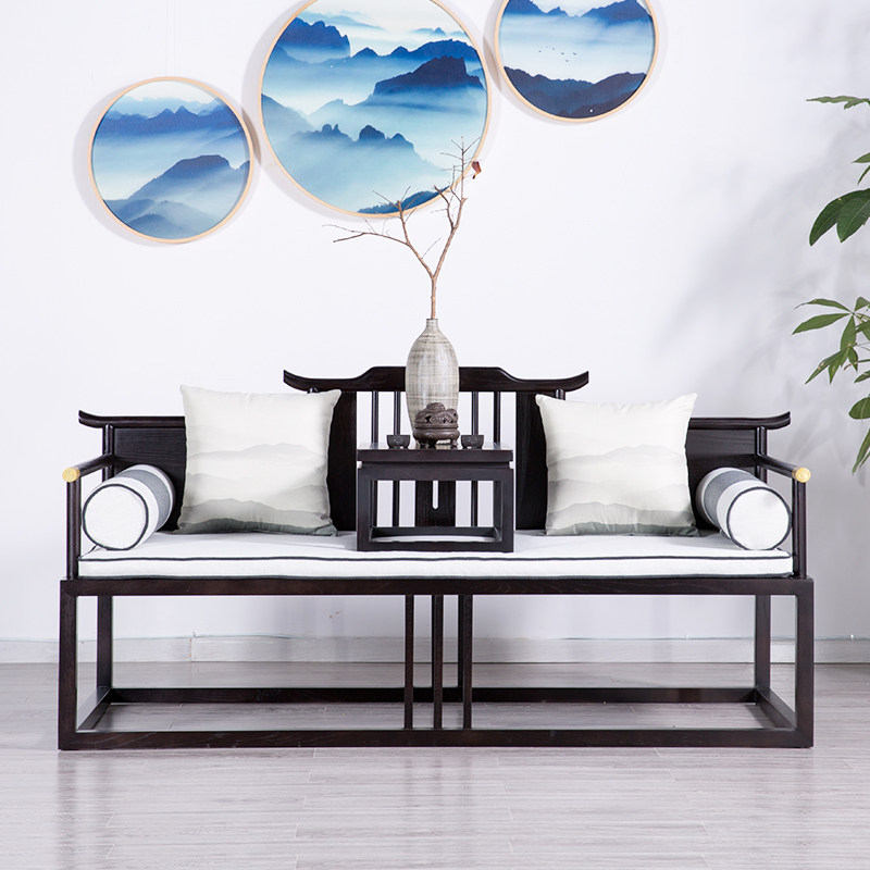New Chinese Arhat Bed Solid Wood Modern Chinese Arhat Couch Simple New Classical Sofa Fabric Hotel B&B Furniture