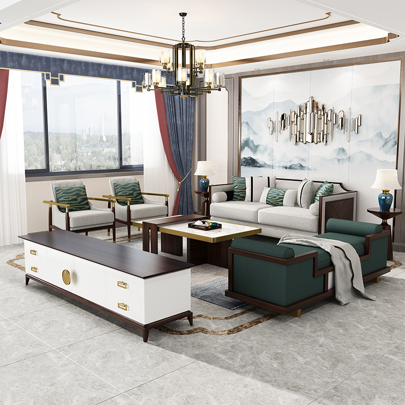 New Chinese style sofa solid wood fabric simple reception TV cabinet ebony wood modern small apartment living room furniture