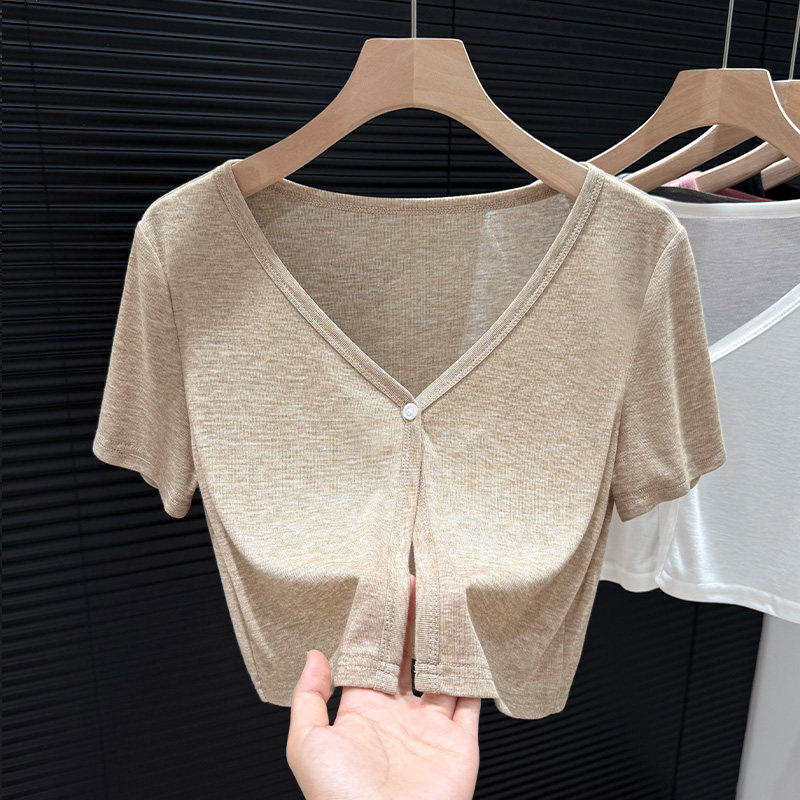 Soft and Skin-Friendly Khaki Knitted Short-Sleeved Sun Protection Cardigan for Women, Summer V-Neck Camisole Dress with Shawl Overlay