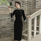 Черное длинное летнее ретро элитное легкое ципао, китайский стиль, изысканный стиль